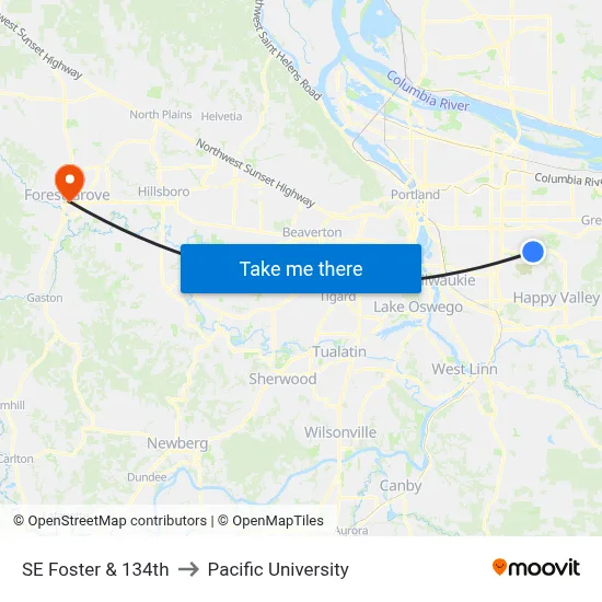 SE Foster & 134th to Pacific University map