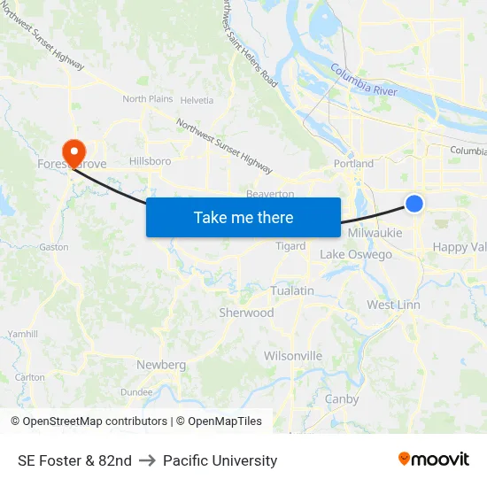 SE Foster & 82nd to Pacific University map