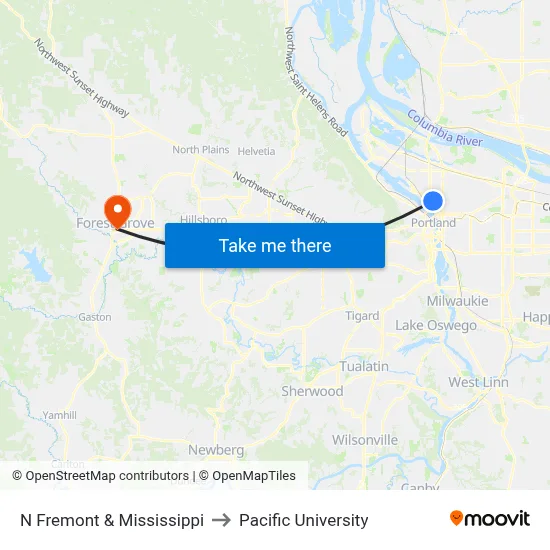 N Fremont & Mississippi to Pacific University map