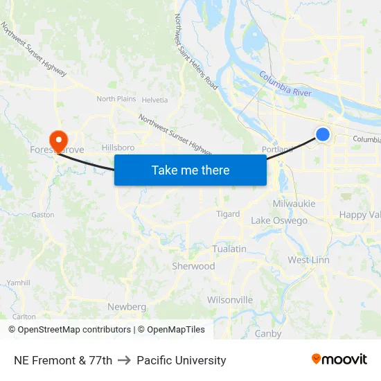 NE Fremont & 77th to Pacific University map