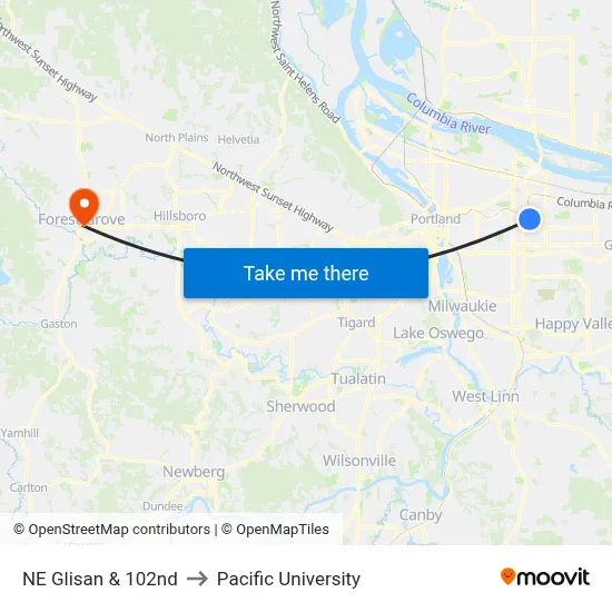 NE Glisan & 102nd to Pacific University map