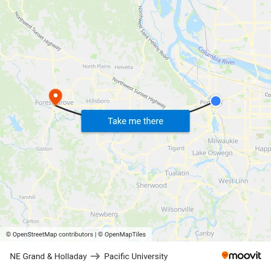 NE Grand & Holladay to Pacific University map