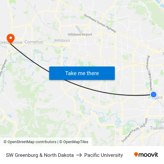 SW Greenburg & North Dakota to Pacific University map
