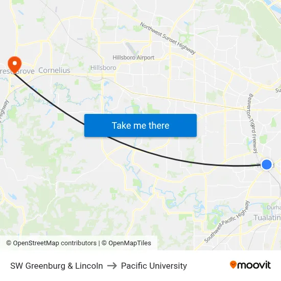 SW Greenburg & Lincoln to Pacific University map