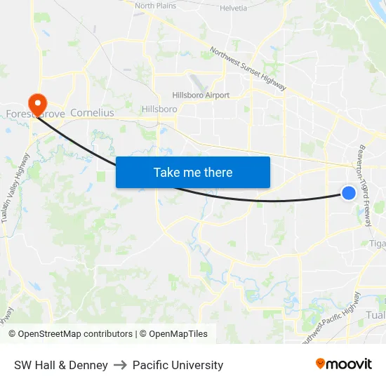 SW Hall & Denney to Pacific University map