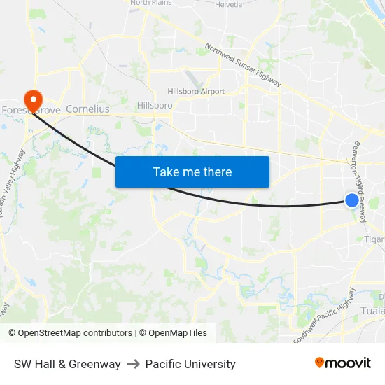 SW Hall & Greenway to Pacific University map