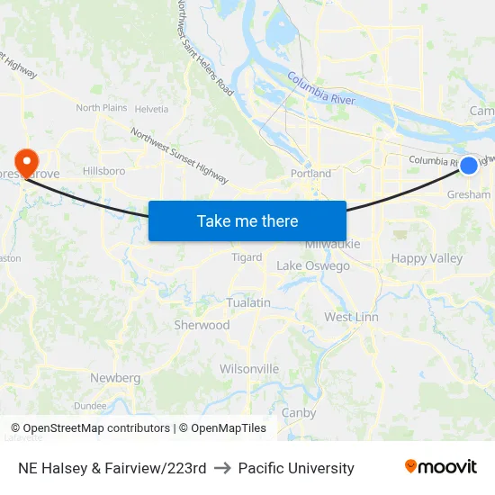 NE Halsey & Fairview/223rd to Pacific University map