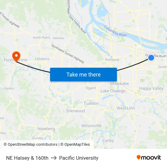 NE Halsey & 160th to Pacific University map