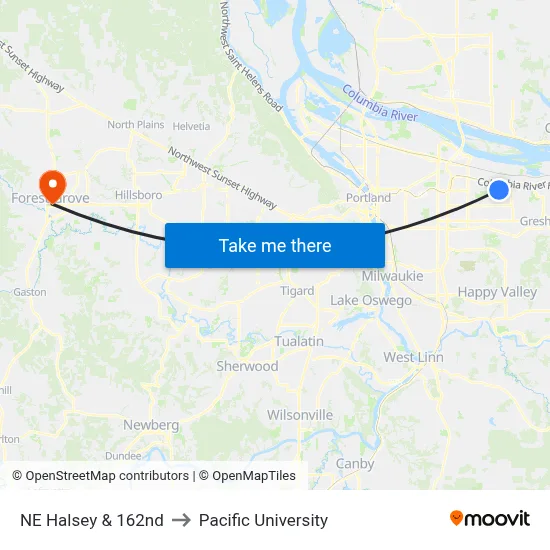 NE Halsey & 162nd to Pacific University map
