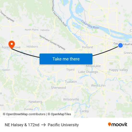 NE Halsey & 172nd to Pacific University map
