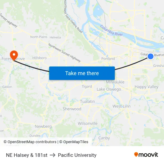 NE Halsey & 181st to Pacific University map