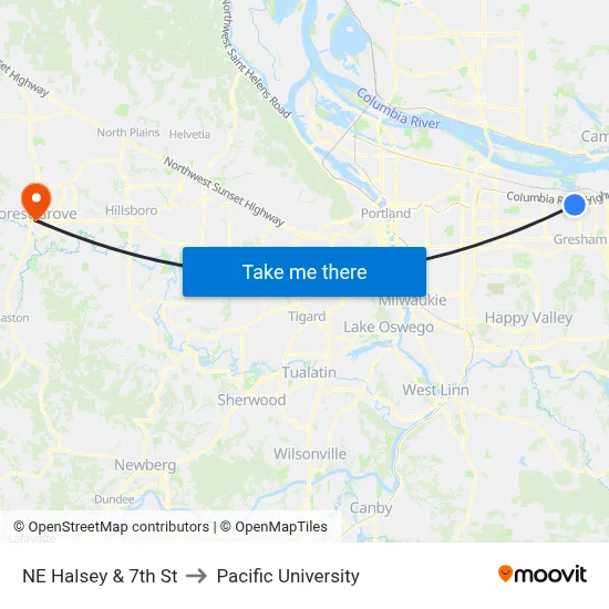 NE Halsey & 7th St to Pacific University map