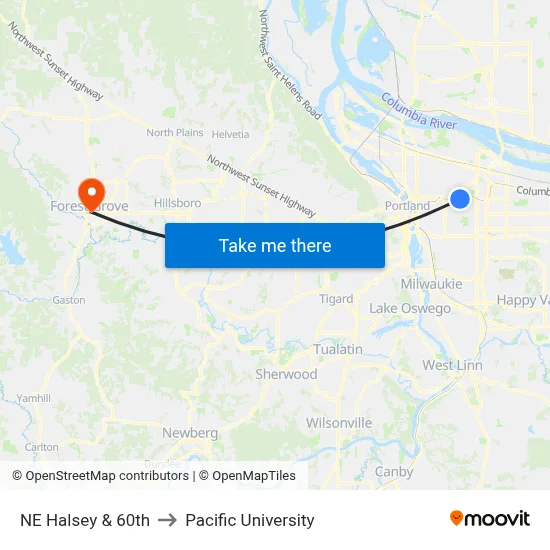NE Halsey & 60th to Pacific University map