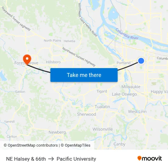 NE Halsey & 66th to Pacific University map