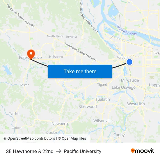 SE Hawthorne & 22nd to Pacific University map