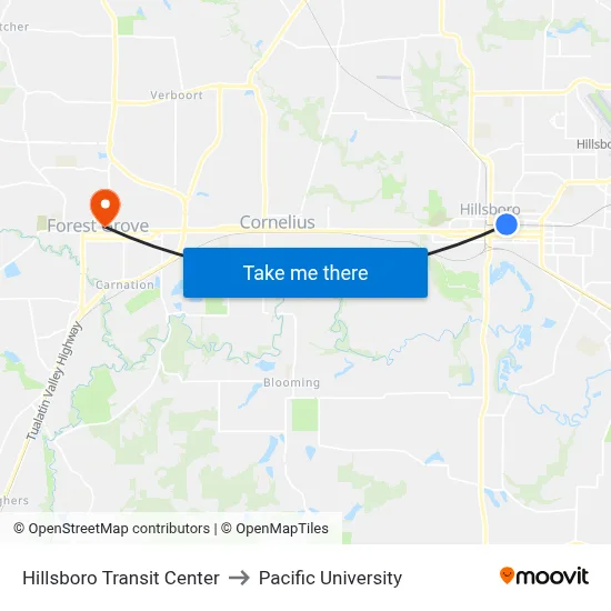 Hillsboro Transit Center to Pacific University map