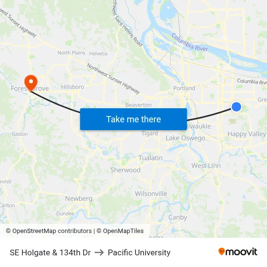 SE Holgate & 134th Dr to Pacific University map
