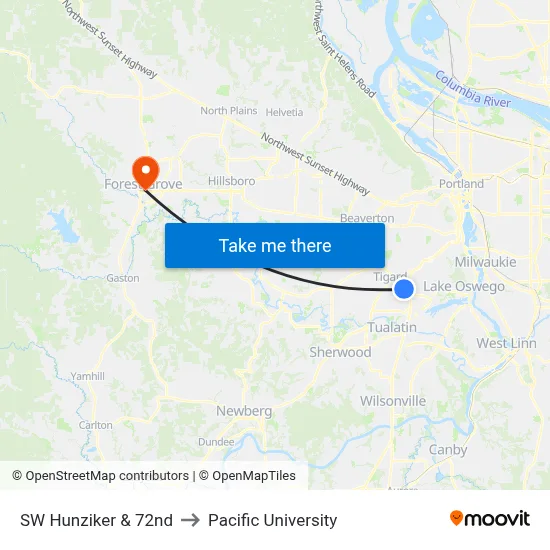 SW Hunziker & 72nd to Pacific University map