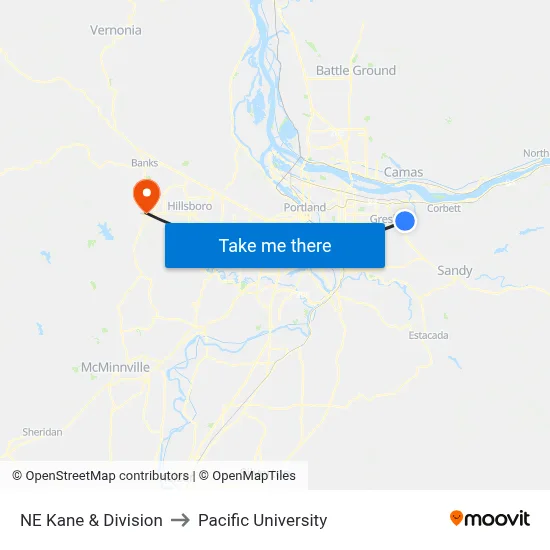 NE Kane & Division to Pacific University map