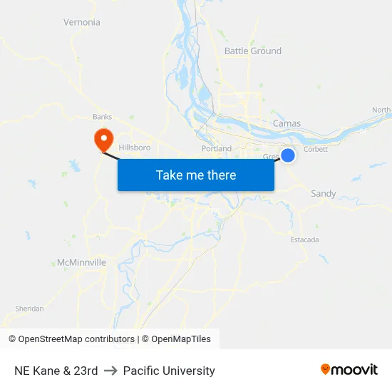 NE Kane & 23rd to Pacific University map