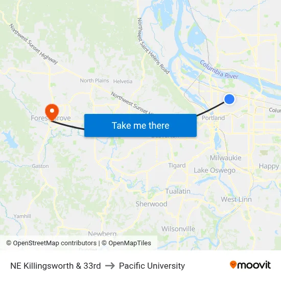 NE Killingsworth & 33rd to Pacific University map