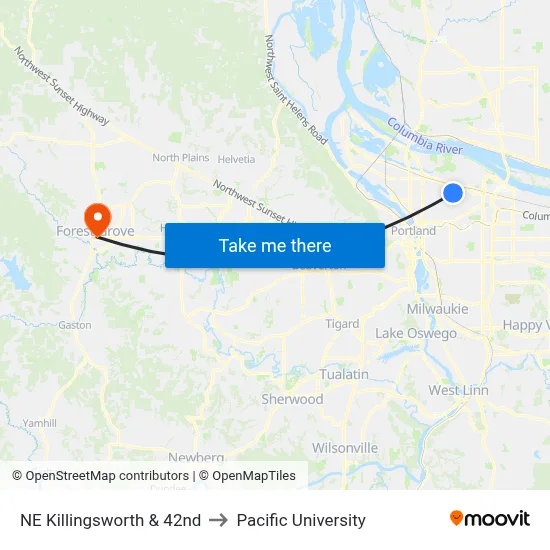 NE Killingsworth & 42nd to Pacific University map