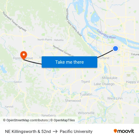 NE Killingsworth & 52nd to Pacific University map