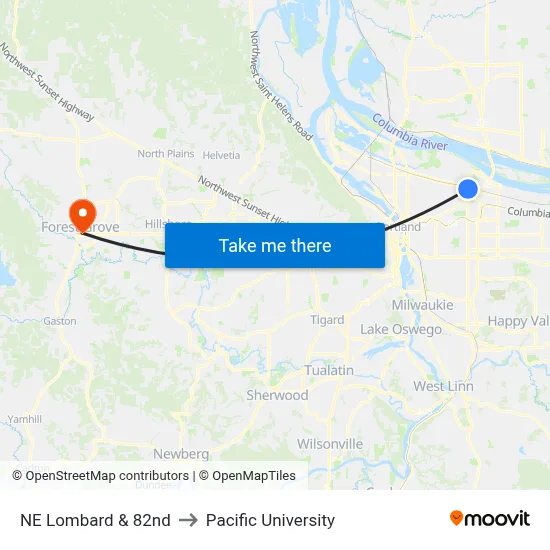 NE Lombard & 82nd to Pacific University map