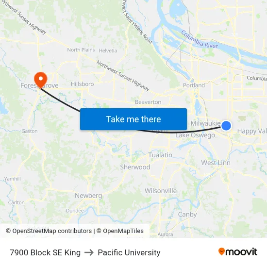 7900 Block SE King to Pacific University map