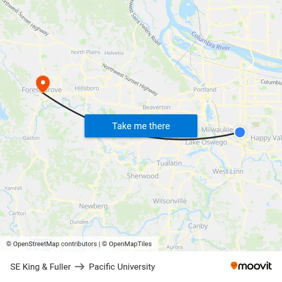 SE King & Fuller to Pacific University map