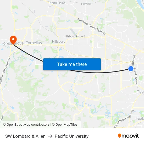 SW Lombard & Allen to Pacific University map