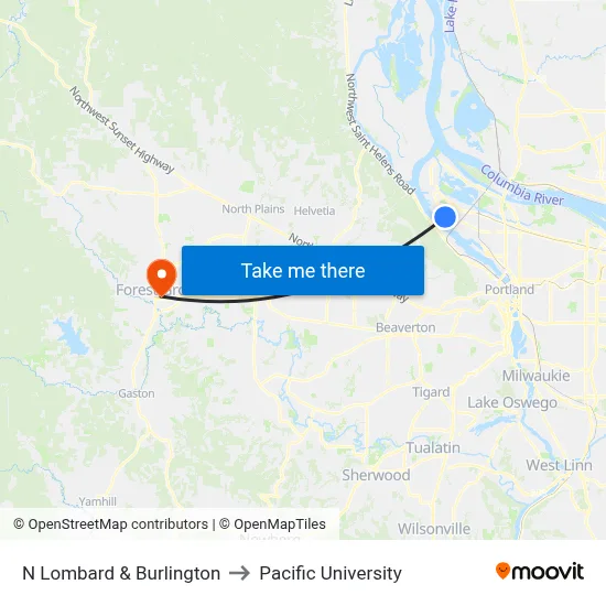 N Lombard & Burlington to Pacific University map