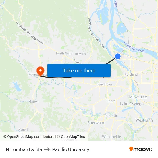 N Lombard & Ida to Pacific University map