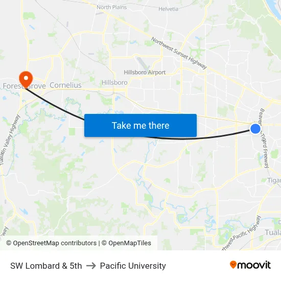 SW Lombard & 5th to Pacific University map