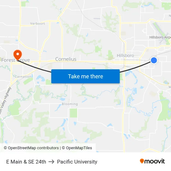 E Main & SE 24th to Pacific University map