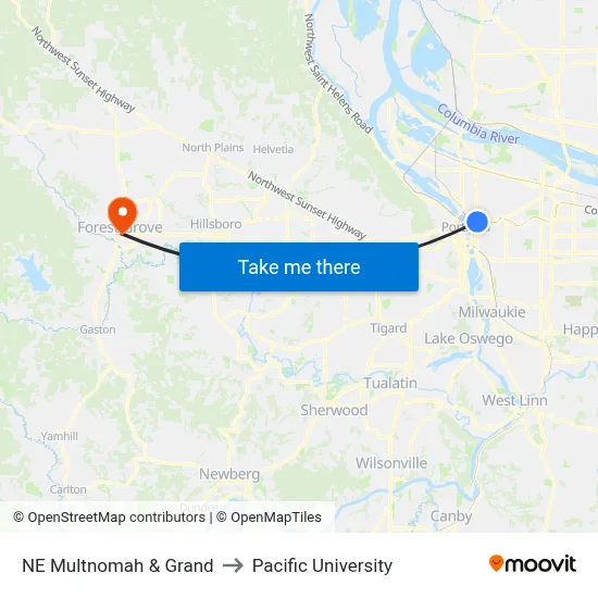 NE Multnomah & Grand to Pacific University map