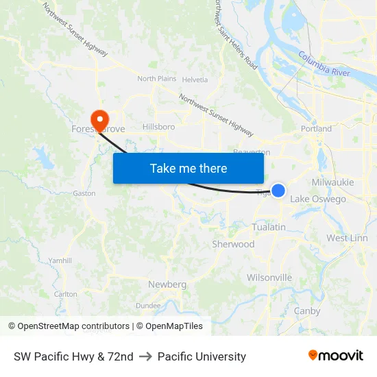 SW Pacific Hwy & 72nd to Pacific University map