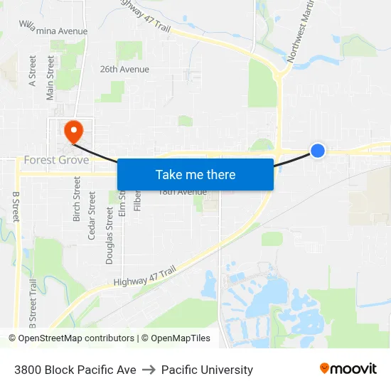 3800 Block Pacific Ave to Pacific University map