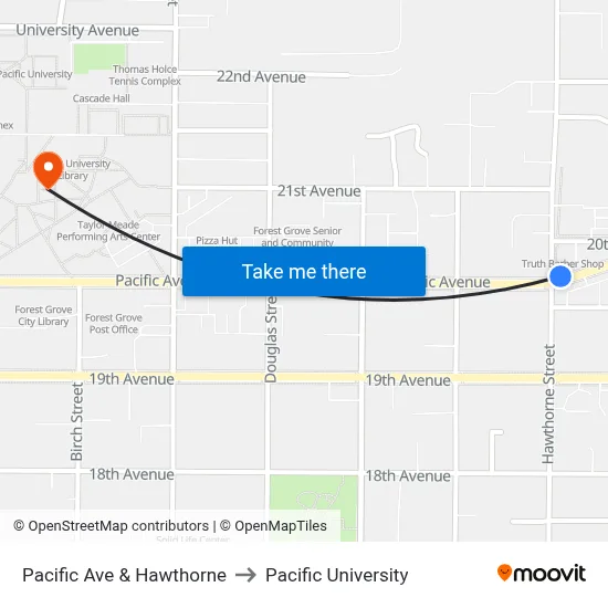 Pacific Ave & Hawthorne to Pacific University map