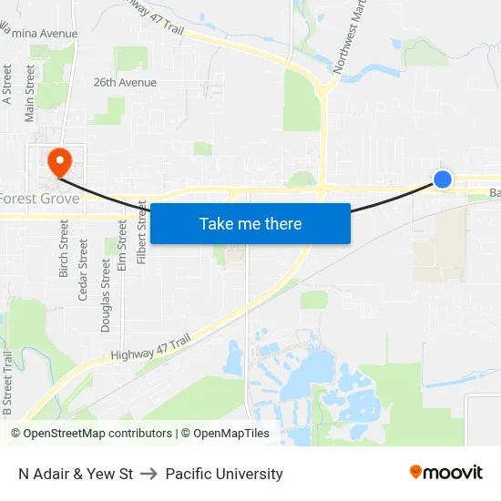 N Adair & Yew St to Pacific University map