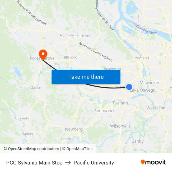 PCC Sylvania Main Stop to Pacific University map