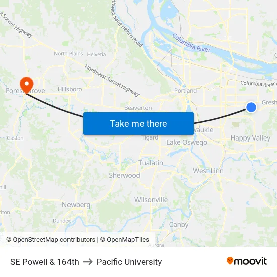 SE Powell & 164th to Pacific University map