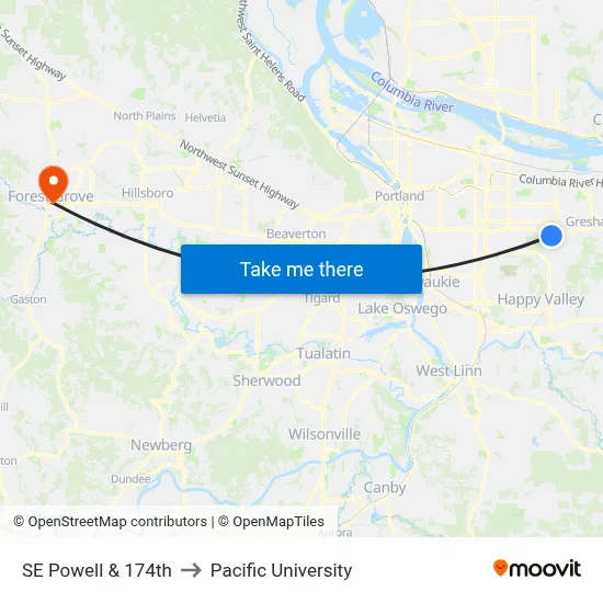 SE Powell & 174th to Pacific University map