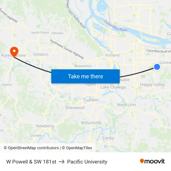 W Powell & SW 181st to Pacific University map