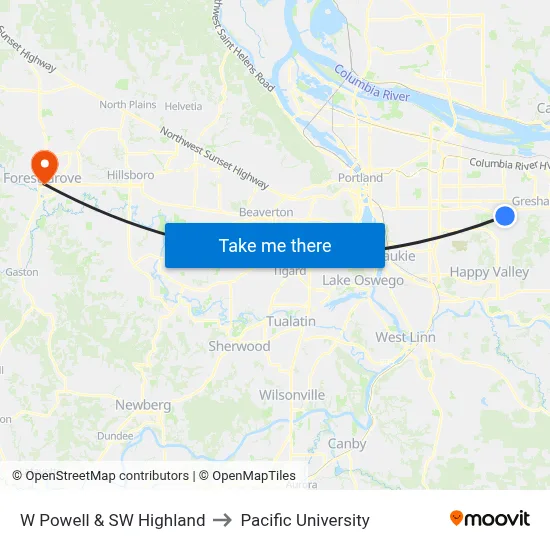W Powell & SW Highland to Pacific University map