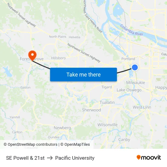 SE Powell & 21st to Pacific University map