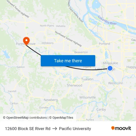 12600 Block SE River Rd to Pacific University map