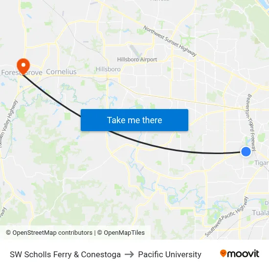 SW Scholls Ferry & Conestoga to Pacific University map