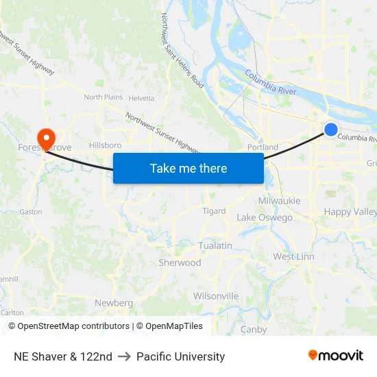 NE Shaver & 122nd to Pacific University map