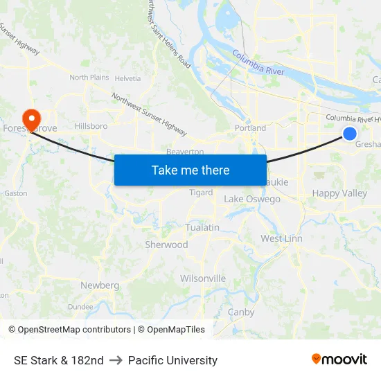 SE Stark & 182nd to Pacific University map